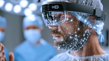 Advanced medical professional wearing augmented reality headset performing high tech surgical procedure, demonstrating cutting edge healthcare innovation inside modern operating theater - Powered by Adobe