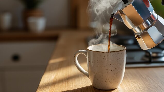 Close-up of hot coffee pouring from a stovetop espresso maker into a ceramic mug. Steam rises, highlighting warmth, freshness, and cozy morning routine at home