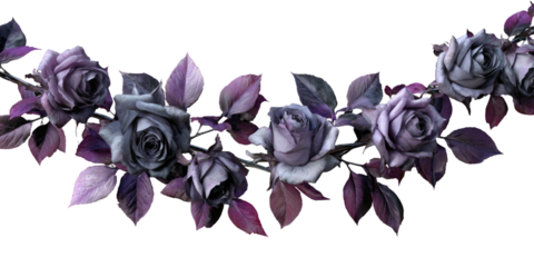 A curved garland of purple and gray roses with leaves arranged against a black background
