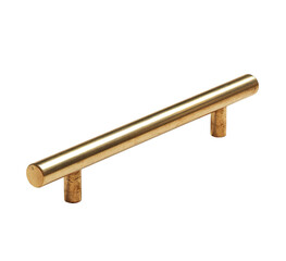 Golden metal cabinet handle, straight cylindrical bar with vertical mounting posts, isolated