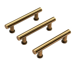 Three bronze-toned, tubular cabinet pulls arranged at slight angles, against a stark black background