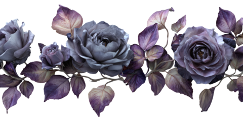 Floral border of moody purple and gray roses and leaves, arranged in a horizontal composition