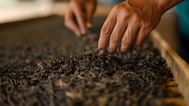 A person is carefully selecting tea leaves. This meticulous process ensures quality, showcasing dedication to the tradition & the journey from plant to cup.