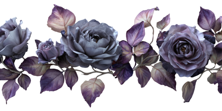 Floral border of moody purple and gray roses and leaves, arranged in a horizontal composition - Powered by Adobe
