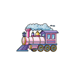 A colorful cartoon train with a pink engine, purple cabin, and blue smoke. A whimsical design