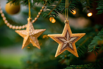 Golden Star Ornaments Hanging on Christmas Tree with Warm Holiday Glow and Sparkle