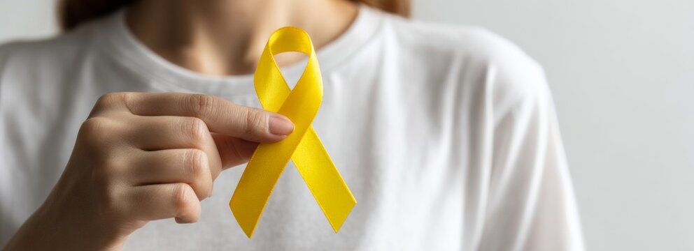  Person Holding Yellow Awareness Ribbon on White Shirt in Supportive Awareness Campaign