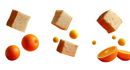 Three compositions featuring floating bread slices, oranges, and small yellow spheres