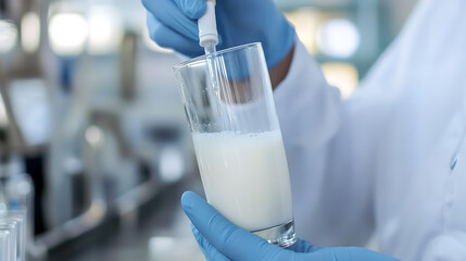 Analyzing a sample in a laboratory setting. A gloved hand holds a glass of milk as a pipette drips liquid into it, against a backdrop of lab equipment. Experiment in progress.