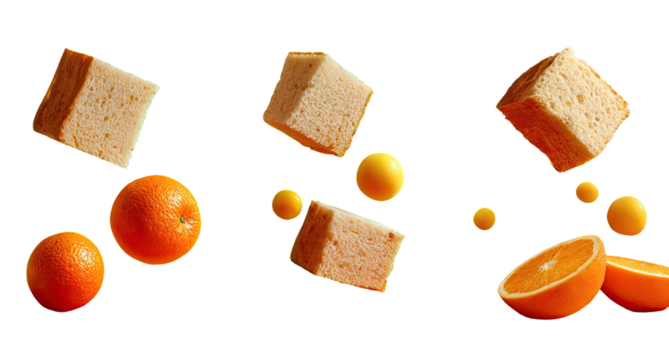 Three compositions featuring floating bread slices, oranges, and small yellow spheres