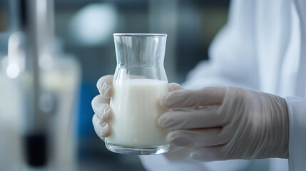 Lab technician holds a glass flask filled with a milky white liquid, wearing protective gloves and a lab coat. The scene is a sterile, scientific environment. Testing dairy products.