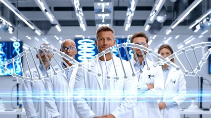 Scientific professionals examining digital DNA structure, working together in high tech genomic research facility, highlighting collaborative medical technology developments