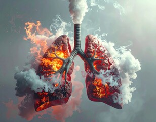 Artistic depiction of human lungs consumed by smoke and flames