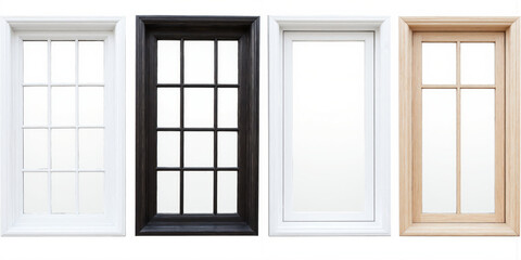 Obraz premium Set Four Window Frames Isolated Transparent Background Different Styles Wood White Black Classic Modern Architecture Element Cutout Mockup Collection Grid