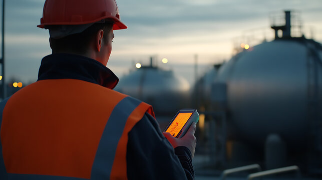 Industrial inspector analyzing data with a digital device against a backdrop of large tanks at sunset. Safety measures are paramount, ensuring a secure work environment.