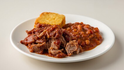 Golden Meal on White Dish, Abstract Culinary Composition Shades of Red and Brown.