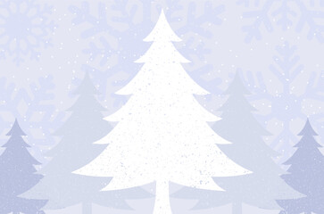 White winter scene landscape nature with pine tree and snowflakes background. Christmas backdrop with copy space.