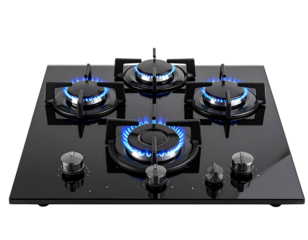  Black Glass Gas Cooktop with Blue Flame Burners, Front-Angled Perspective, Transparent PNG