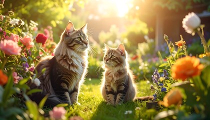 Obraz premium Two cats enjoying the sunshine in a vibrant flower garden.