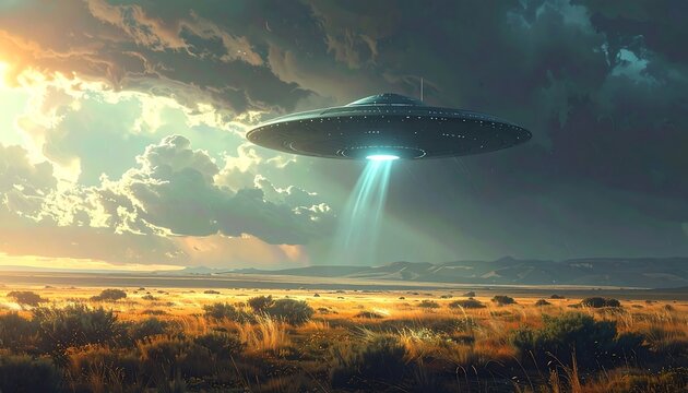 A Dramatic Scene of a UFO Hovering Over a Field During a Storm