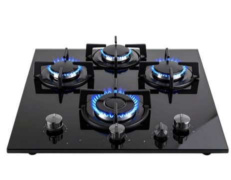  Black Glass Gas Cooktop with Blue Flame Burners, Front-Angled Perspective, Transparent PNG