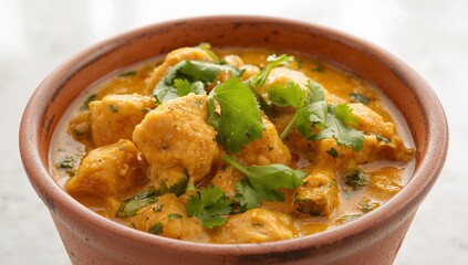 Golden Nuggets in Creamy Sauce. A Culinary Still Life with Rustic Bowl and Green Accent.