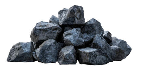 An isolated pile of various sizes of dark gray rocks, seemingly natural and layered, against black