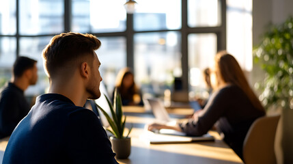 A diverse group of professionals collaborate around a large table in a sunlit office, fostering teamwork and innovation in a modern workplace environment. Focused on shared goals.