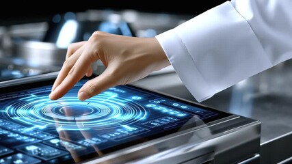 Professional chef interacting with digital touchscreen, controlling advanced culinary technologies within sleek, contemporary kitchen workspace