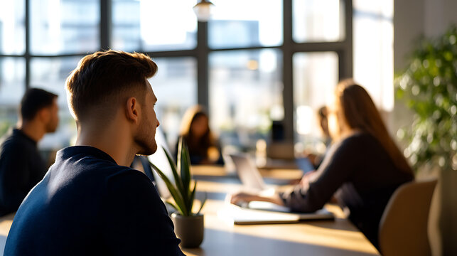 A diverse group of professionals collaborate around a large table in a sunlit office, fostering teamwork and innovation in a modern workplace environment. Focused on shared goals.