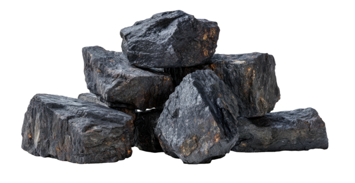 A pile of rough, dark, angular rocks with shiny, textured surfaces, isolated on black