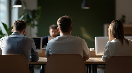 A team of colleagues collaborates in a modern office setting, focused on their computers, backs turned to the camera, working towards common goals in a shared workspace.