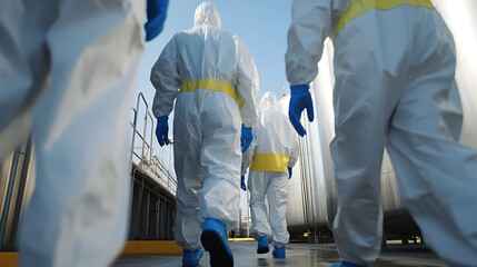 Workers in protective suits patrol a industrial site, ensuring safety and compliance with protocols. The scene highlights vigilance and risk management practices.