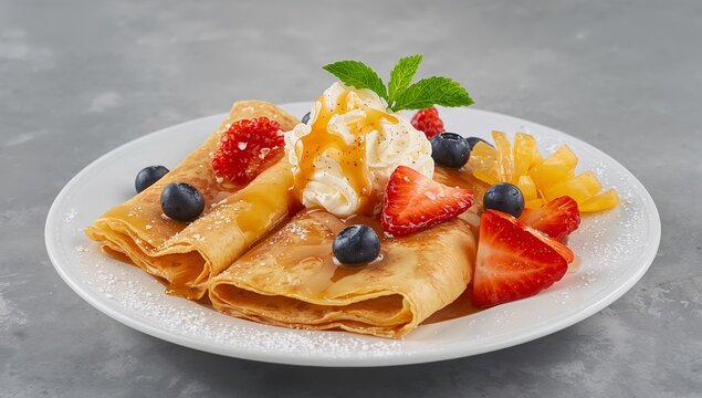 Golden Pancakes with Cream and Berries, Delicious Dessert Display, Food Presentation.