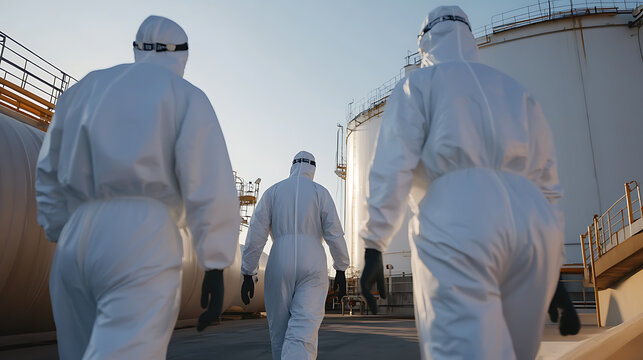 Three figures in protective gear walk towards industrial tanks. Their white suits and gloves suggest a potentially hazardous environment. Focus on safety measures and environmental protection.