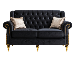 Black Velvet Sofa with Tufted Backrest and Gold Accents, Luxury Home Style, Transparent Background
