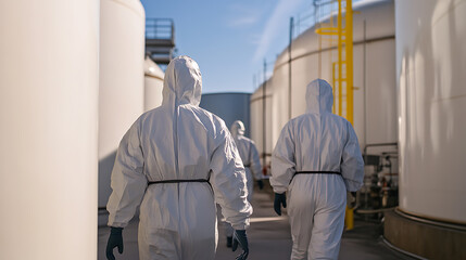Staff wearing protective suits and gloves walk through a storage tank facility on a bright day. Tanks and industrial structures line the background in the outdoor setting.