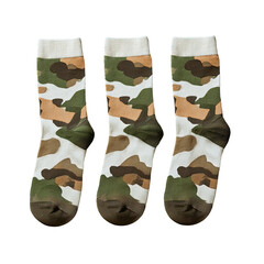 Three pairs of crew-length socks with a camouflage pattern, featuring white cuffs and darker toes