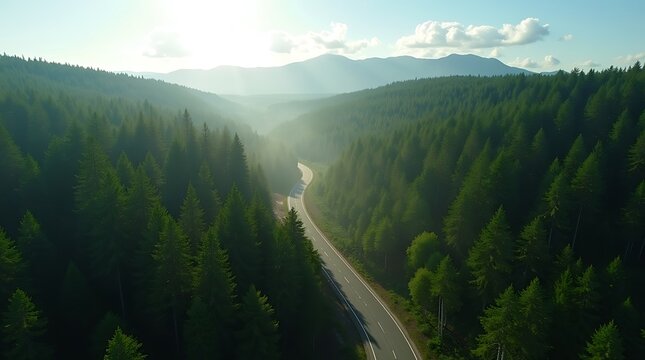 Aerial view of a winding road through a dense evergreen forest with sunbeams breaking through the trees - Powered by Adobe