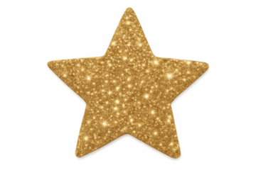 Golden glitter star shining brightly, symbolizing success, award, quality, christmas, and celebration. Transparent background