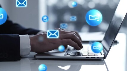 Close up of hands typing on laptop with floating email icons in a digital environment - Powered by Adobe