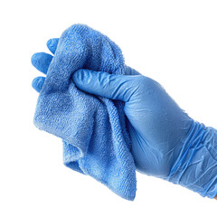 A person wearing a blue glove tightly holds a soft, blue cloth