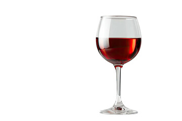 A stemmed glass filled with red liquid against a black background, slightly angled