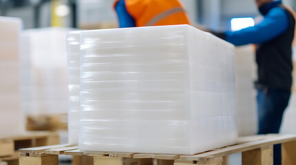 Palletized goods await their distribution in a warehouse setting, ready for transportation & logistics. The goods are securely wrapped, ensuring safe transit. 179/180