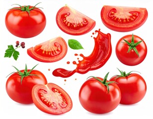 Assortment of ripe tomatoes, slices, sauce splash, and fresh herbs