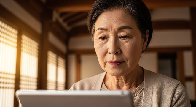 Mature Asian woman using laptop computer in traditional wooden interior with natural window lighting during daytime work session