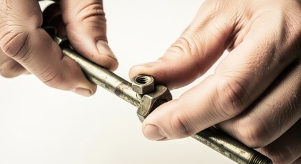 Close-up of two hands adjusting a rusty adjustable wrench on a plain white background with a neutral mood.