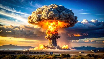 Dramatic Nuclear Explosion Mushroom Cloud Over Arid Landscape.