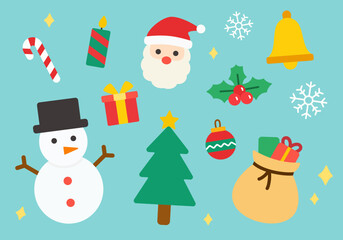 Collection of flat Christmas cartoon elements includes Santa Claus, snowman, Christmas tree, gift sack, present box, candy cane, holly leaves, Christmas balls, jingle bells, candle, and snowflakes