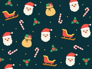 Adorable seamless pattern of Santa Claus, Santa's sleigh, gift sack, candy cane, and mistletoe on a dark blue background. Perfect for festive wrapping paper, Christmas cards, or winter fabric prints.